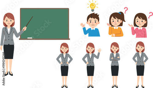 Female teacher character set with classroom board and student emotions including confusion and ideas isolated vector illustration