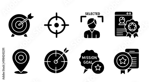 Black glyph icons representing target mission goal achievement and user profile selection
