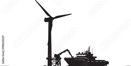 Offshore wind farm, industrial vessel, silhouette icons, black and white, renewable energy, sustainable power