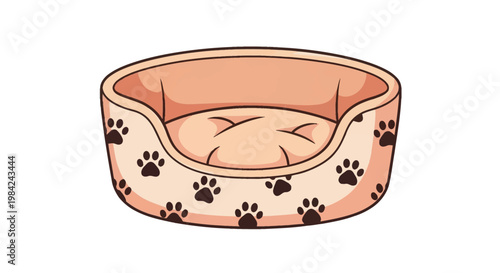 Vector illustration of a round pet bed for a dog or cat featuring a brown paw print pattern on a light beige exterior with a cushioned interior, isolated on a white background.