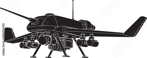 Drone, aircraft, unmanned aerial vehicle, black silhouette, vector illustration