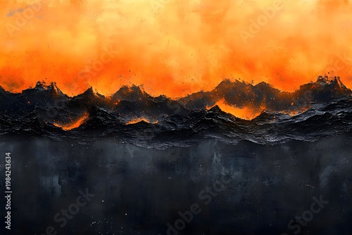 Dramatic seascape with waves under a fiery sky, evoking power and the elements