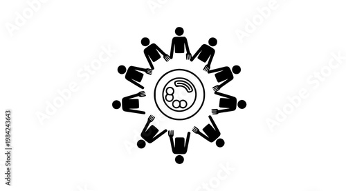 A circular arrangement of stick figures holding hands around a central emblem symbolizing unity and community