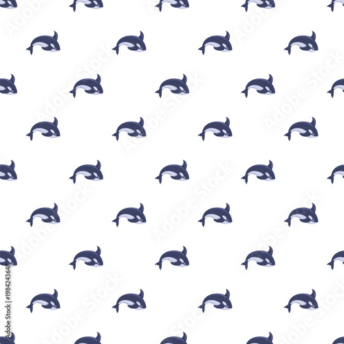 Cute killer whale cartoon character repeating across a seamless background