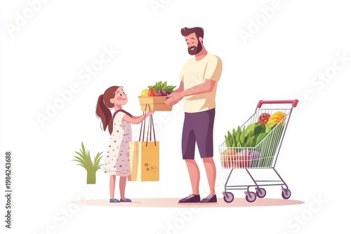 A father and daughter are shopping for groceries together. The father is handing a basket of fresh produce to his daughter who is holding shopping bags. A shopping cart full of groceries sits nearby
