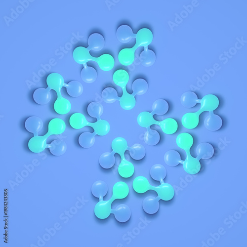 3D abstraction with floating turquoise-blue molecular structures on a cornflower blue background