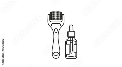 Vector illustration featuring a microneedling derma roller tool alongside a skincare serum bottle with a dropper pipette, black and white line art icon on white background.