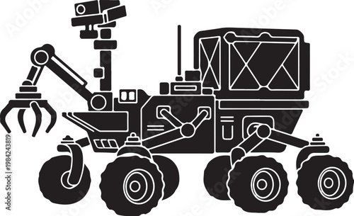 Robot Mars Rover, Space Exploration Vehicle, Black Vector Illustration, Robotic Arm