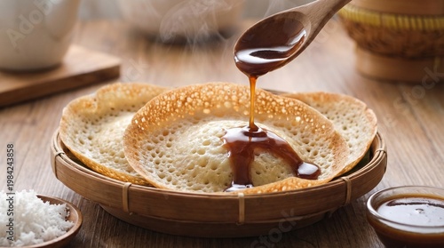Warm Serabi Solo Pancakes Drizzled with Sweet Syrup and Grated Coconut
