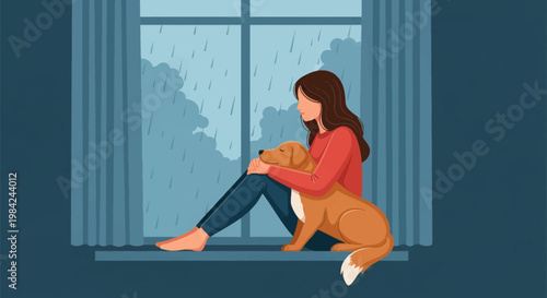 A detailed flat vector illustration of a woman sitting on a windowsill with her pet dog, looking out at the rain against a dark background with curtains and a gloomy sky.