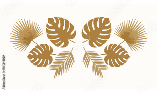 Golden tropical leaves elegant vector composition monstera palm luxury botanical design for spa cosmetics isolated on white