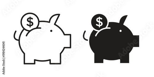 Piggy bank icon simple black and white line and clip art illustrations