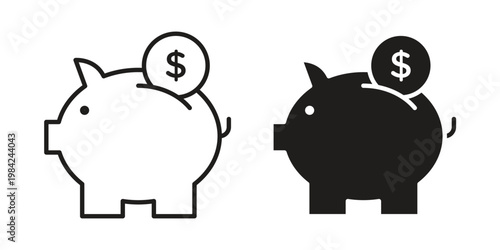 Piggy bank icon simple black and white line and clip art illustrations