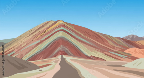 Flat vector illustration of a multi-colored rainbow mountain featuring distinct sedimentary layers of red, yellow, and green mineral deposits under a clear blue sky.