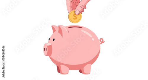 Vector illustration of a classic pink piggy bank in side view with a human hand inserting a gold dollar coin into the top slot, isolated on white background for financial savings concepts.