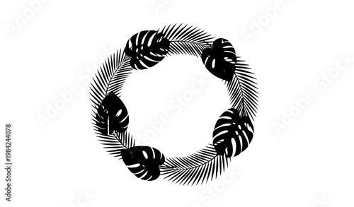 black tropical leaf frame vector circle border elegant botanical design for spa branding and invitations isolated on white
