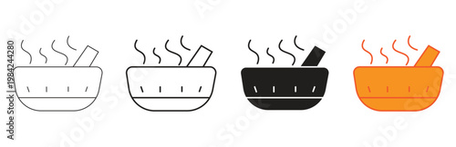 set of mortar and pestle icons with steam representing cooking preparation herbal medicine health and wellness concepts in modern simple line art style