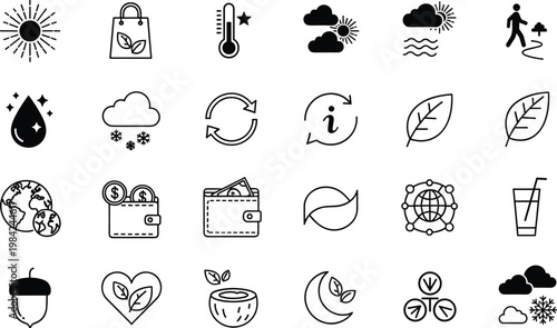 Eco and Nature Icon Set with Environment, Weather, Leaf, Earth, and Sustainability Symbols for Green and Organic Design Projects