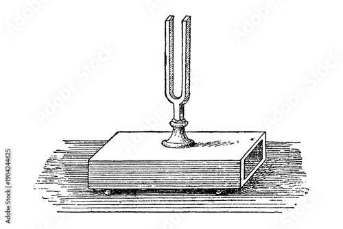 Φωτογραφία Tuning fork on a resonator box, vintage acoustic apparatus, old vintage illustration, 1895