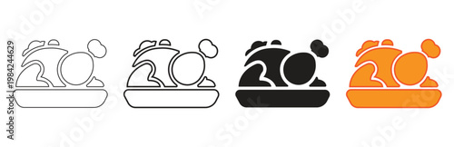 set of roasted chicken or turkey icons on platter in outline black white and orange variations for festive holiday meals and celebrations represented on white background