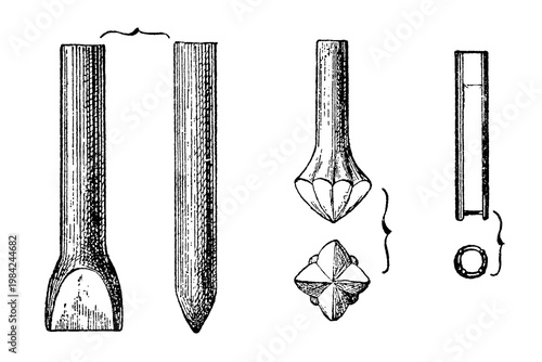 Stone quarrying tools, ancient chisels and styluses with varying shapes and bevel angles, vintage tool illustration, old vintage illustration, 1895.