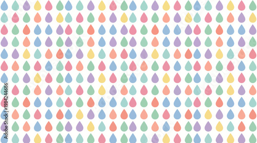 Colorful Repeating Teardrop Pattern with Multicolor Drops on White Background.