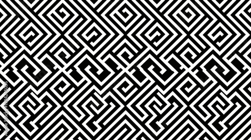 High-contrast black and white geometric maze pattern with interlocking squares and zigzag lines.