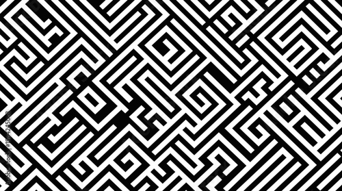 Intricate black and white geometric maze pattern of interlocking lines and squares.