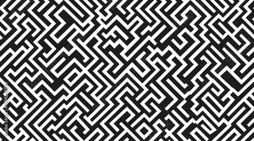 Monochrome Geometric Maze Pattern with Interlocking Tiling and Repeating Labyrinth Motif.