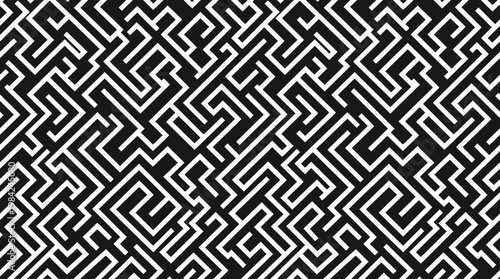 Intricate Black and White Geometric Maze Pattern with Interlocking Squares.