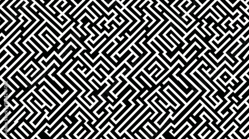 Intricate black and white geometric maze pattern background.