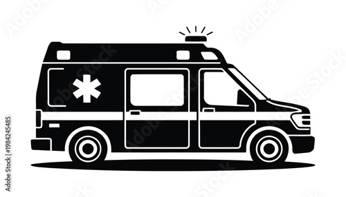 Modern Ambulance Silhouette Vector, Emergency Medical Vehicle Black Icon, Healthcare Transport Design on White Background