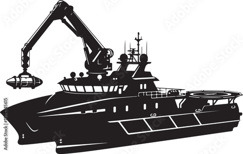 Black yacht, boat with crane, vector ship illustration, nautical vessel, maritime equipment