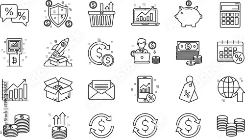 Financial Icon Set with Money, Investment, Savings, Banking, and Business Economy Symbols for Finance and Accounting Design Projects