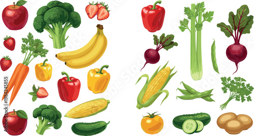 Fresh fruits and vegetables collection with apple banana broccoli carrot corn cucumber and greens isolated vector illustration set