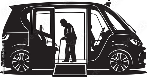 Black silhouette of man exiting minivan, wheelchair ramp deployed, accessible transportation vector