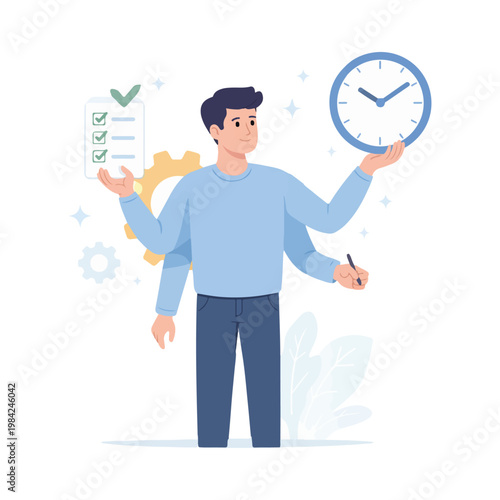 Multitasking Businessman with Many Arms Holding Clock and Checklist