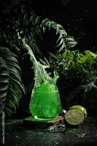 Dynamic splash of green citrus cocktail in a glass with lime on tropical background