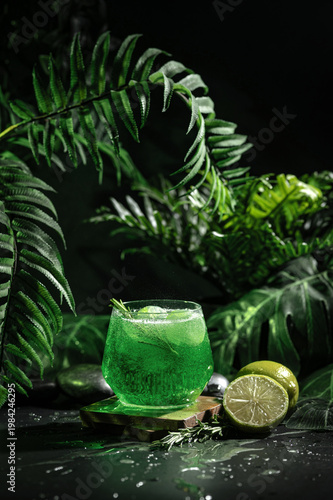 Iced green tropical cocktail with rosemary and lime in a lush jungle setting