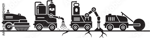 Road construction vehicles, asphalt paving machines, black icons, industrial equipment, transportation