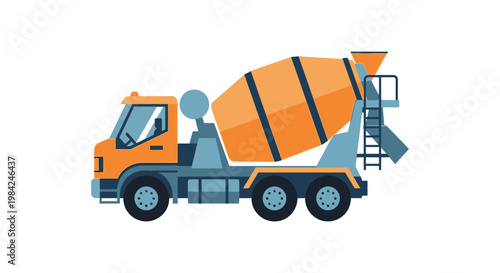 A colorful flat illustration of a concrete mixer truck viewed from the side captures its industrial design silhouette high quality professional