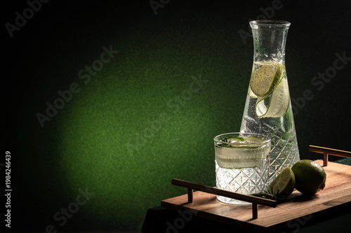 Refreshing lime and cucumber infused water in a glass carafe on a wooden tray