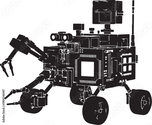 Robotic Mars Rover, Space Exploration Vehicle, Black Vector Illustration, Robotic Arm, Space Technology