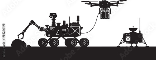 Space exploration vehicles, robotic rover, drone, and lander, black silhouette, vector illustration