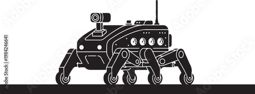 Robotic crawling machine, futuristic robot, black vector illustration, industrial design element