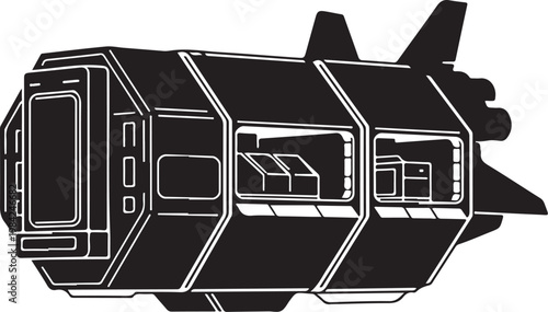 Futuristic spacecraft, sci-fi vehicle, black illustration, white outline, futuristic design