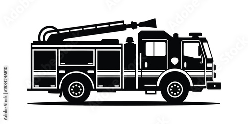 Fire Rescue Truck Silhouette Vector, Emergency Fire Engine Black Icon, Firefighter Response Vehicle Design on White Background
