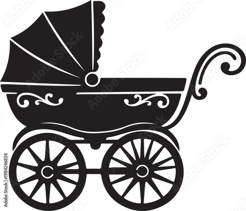 A black silhouette illustration of a baby carriage with wheels and decorative elements on a white background