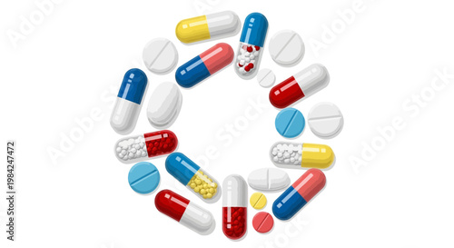 Pill capsules, medication pills, colorful drugs, pharmaceutical icons