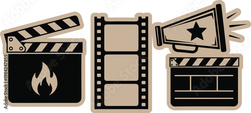 Film reel clapperboard icon set cinematic symbols for movie production entertainment